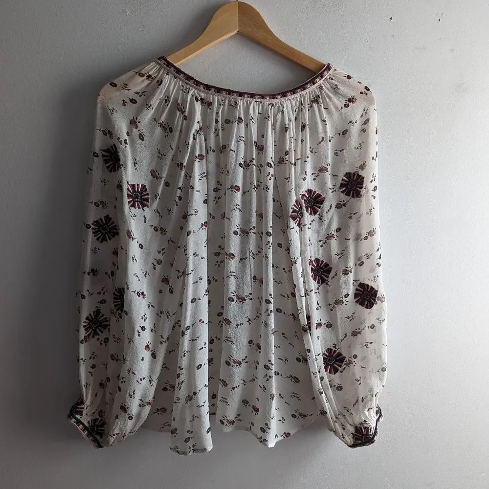 Ulla Johnson white purple floral silk embroidered tassel Leda Gardenia blouse